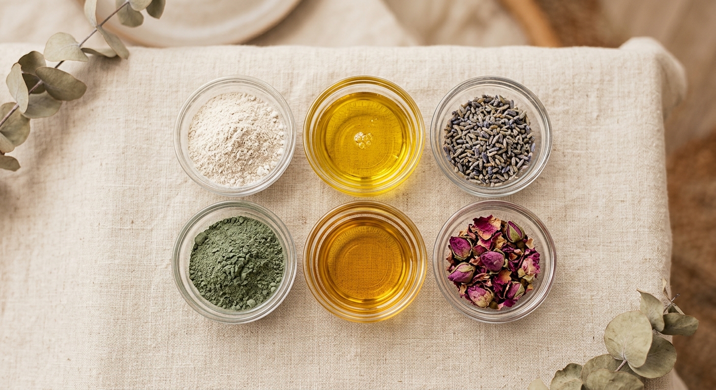 Skincare ingredients arranged